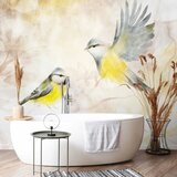  Foto tapeta - Painted tits - bird motif with patterns in yellow and beige tones 450x315 Vodootporna | shoptok.hr
