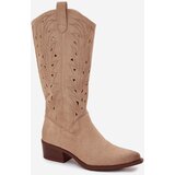 Boto Cowboy Boots With Perforated Pattern On Low Heel Beige Selirae | Eponuda.ba