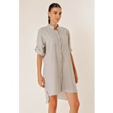 By Saygı Double Pocket Front Short Back Long Striped Short Sleeve See-through Dress Gray Cene