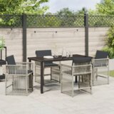 vidaXL Set vrtne jedilnice s 5 kosi in oblazinjenjem, svetlo siva, poliran ratan, Vrtna miza, črna, 140x80x73 cm, kaljeno steklo | Shoptok.si