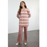 Trendyol Dusty Rose Striped Knitwear Cardigan Trousers Top-Bottom Set | Shoptok.si