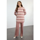 Trendyol Dusty Rose Striped Knitwear Cardigan Trousers Top-Bottom Set