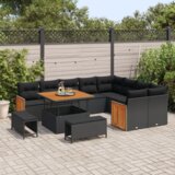vidaXL 12-delni vrtni kavč set z blazinami, črn poli ratan, akacija | Shoptok.si