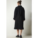  Women's Black Double Breasted Neck Belted Oversize Cachet Coat | Shoptok.si