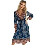 numoco basic Pleated midi dress with neckline, long sleeves and black Numoco belt | Shoptok.si
