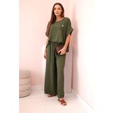 Kesi Włoski Women's viscose set with decorative flower and wide trousers - khaki | Shoptok.si