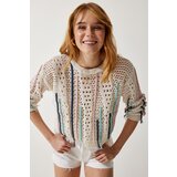  Women's Cream Crew Neck Openwork Seasonal Knitwear Sweater | shoptok.hr