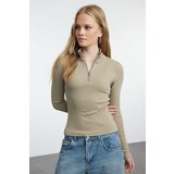 Trendyol Stone Fitted Zipper Collar Stretchy Knitted Blouse Cene