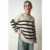 Happiness İstanbul Women's Bone Black Striped Oversize Knitwear Sweater Cene