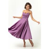 Lafaba Women's Lavender Slim Straps Midi Satin Evening Dress. Cene