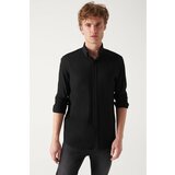 Avva Men's Black Seersucker Buttoned Collar Comfort Fit Relaxed Cut Shirt Cene