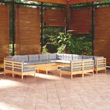 The Living Store Vrtna sedežna garnitura 14-delna s sivimi blazinami borovina - Vrtna Sedežna Garnitura, (21466914) | Shoptok.si