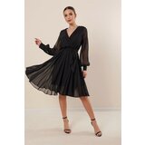 By Saygı Double Breasted Neck Long Sleeve Lined Chiffon Dress Wide Size Range Black Cene