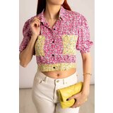armonika Women's Pink Crop Shirt with Elastic Sleeves, Pocket and Back Detail Cene
