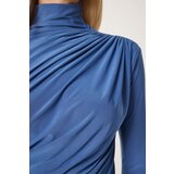  Women's Indigo Blue Gathered Detailed High Neck Sandy Blouse | Shoptok.si