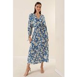 By Saygı Bat Sleeve Elastic Waist Pocket Floral Pattern Long Dress Blue Cene
