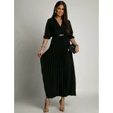 Fasardi Elegant black pleated maxi dress with belt