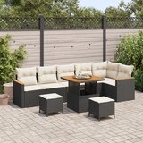 vidaXL 9-delni set vrtne sedežne garniture z blazinami Črn Poli Ratan Akacija | Shoptok.si