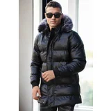 Dewberry 89545 Hooded Shiny Mens PU Jacket-BLACK