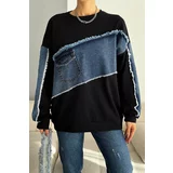 Laluvia Black Asymmetric Denim Detailed Sweatshirt
