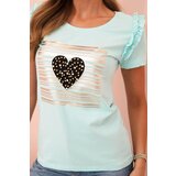 Kesi Women's cotton blouse with ruffle and heart made of rhinestones mint | shoptok.hr