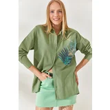 Olalook Mustard Green Palm Sequin Detail Oversized Woven Poplin Shirt