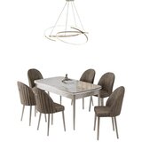 Hanah home trpezarijski set Rada, sto na razvlačenje i 6 stolica, ploča u dekoru belog mermera, hromirane noge, kapućino tkanina Babyface | Eponuda.com