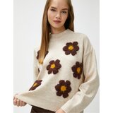 Koton Floral Knitwear Sweater Crew Neck Long Sleeve Ribbed Cene'.'