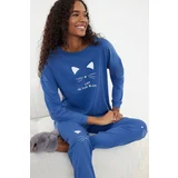 Trendyol Blue 100% Cotton Printed Knitted Pajamas Set