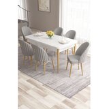 Hanah home trpezarijski set Roz, sto na razvlačenje i 6 stolica, bela ploča, noge u prirodnoj boji drveta, siva tkanina Babyface | Eponuda.com