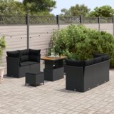 vidaXL 8-delni vrtni oblazinjeni set z blazinami Črn Poli Ratan Akacija, 3-delni vrtni jedilni set z blazinami Črn Poli Ratan Akacija | Shoptok.si