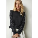 Happiness İstanbul Women's Black Stones Transparent Sleeve Detailed Silvery Knitwear Sweater cene