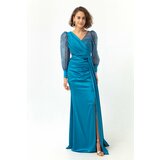 Lafaba Women's Turquoise Double Breasted Collar Silvery Long Satin Evening Dress. cene