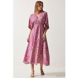  Women's Pink Gray Wrapover Neck Patterned Summer Viscose Dress Cene