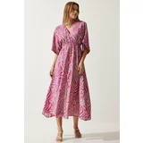 Happiness İstanbul Women's Pink Gray Wrapover Neck Patterned Summer Viscose Dress