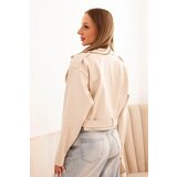 Kesi Włoski Short women's jacket made of eco-leather with a belt and collar beige | ePonuda.com