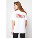 Trendyol White 100% Cotton Back and Front Motto Printed Oversize/Wide Fit Knitted T-Shirt Cene