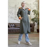 InStyle Hooded Neon Trench with Pleated Waist - Khaki \ Orange