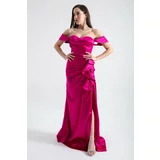 Lafaba Women's Fuchsia Heart Neck Frilly Long Satin Evening Dress