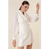 By Saygı Double Breasted Neck Sleeve Chiffon Lined Dress Ecru | shoptok.hr
