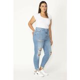 Şans Women's Large Size Blue Ripped Detailed Washed Effect 5 Pocket Skinny Jeans Cene