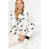 Trendyol White Leopard Pattern Slogan T-shirt-Jogger Knitted Pajamas Set Cene