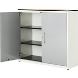 mauser Omara s krilnimi vrati, VxŠ 1168 x 1200 mm, plošča s polnim jedrom iz HPL, 2 polici, čista bela / aluminijasto siva / javor | Shoptok.si