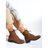 Shelvt Brown women's lace-up boots with low heels