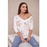 Kesi Sweater blouse with colorful flowers powder pink+beige Cene