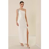 By Saygı One Shoulder Rhinestone Chain Detail Lined Long Dress in Ecru with a Slit in the Front. Cene