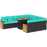 Vrtna garnitura - 11-dijelni set vrtnih sofa poliratan i bagrem s jastucima crni - Crna 1 | shoptok.hr