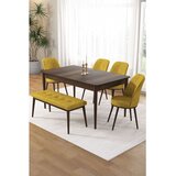 Hanah home trpezarijski set Pir, sto, 4 stolice i klupa, ploča u dekoru drveta Baroque, senf žuta tkanina Babyface | Eponuda.com