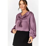armonika Women's Purple Satin Blouse with Frilled Collar on the Shoulders and Elasticated Sleeves
