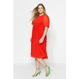 Trendyol curve Red Ruffle Woven Chiffon Plus Size Dress cene